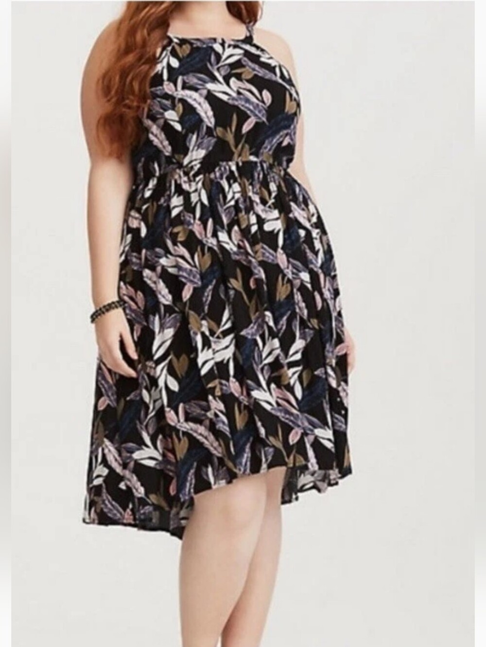 Torrid Black Palm Leaf Print Challis Hi Low Dress Halter Preppy Bohemian Flowy